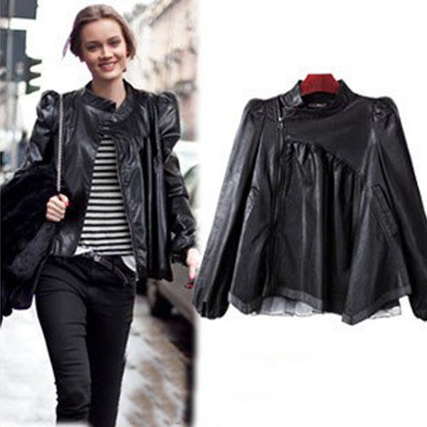 2012 women's stand collar lace patchwork water washed leather PU puff sleeve leather clothing Price low QS006