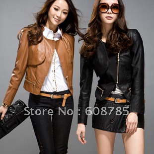 2012 women's stand collar water wash motorcycle paragraph PU outerwear leather jacket free shipping B0360