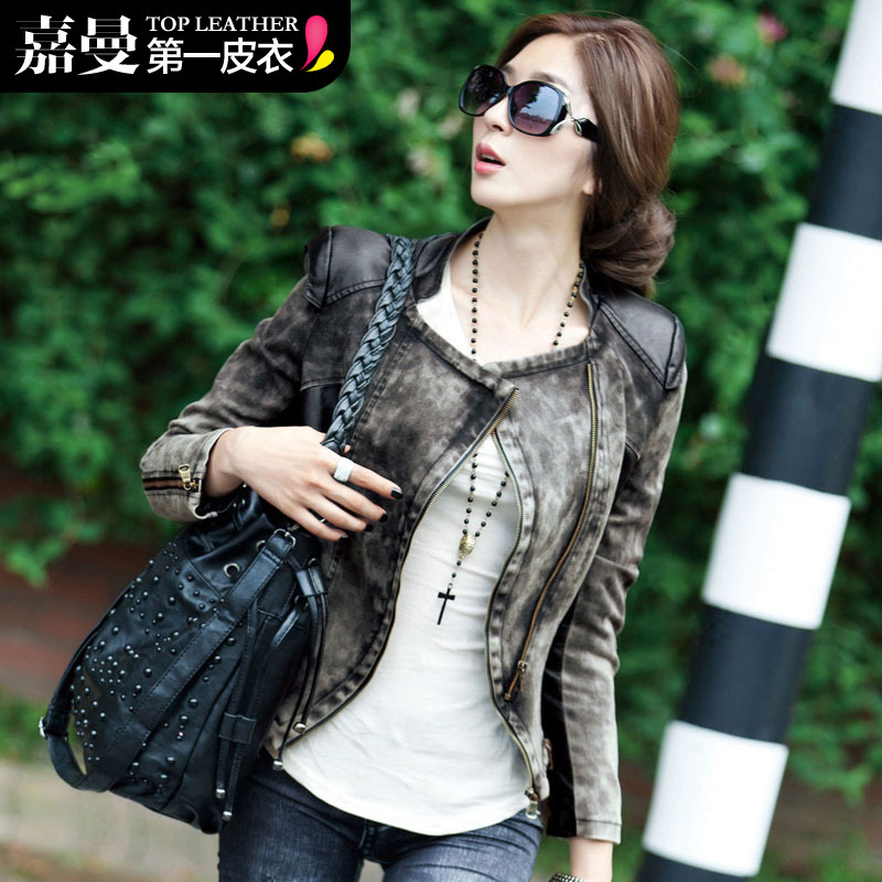 2012 women's street slim leather clothing patchwork denim women's coat s025