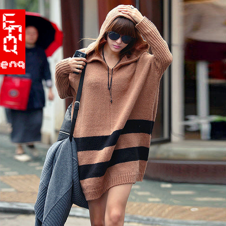 2012 women's stripe color block batwing sleeve with a hood autumn and winter thickening loose plus size sweater shirt