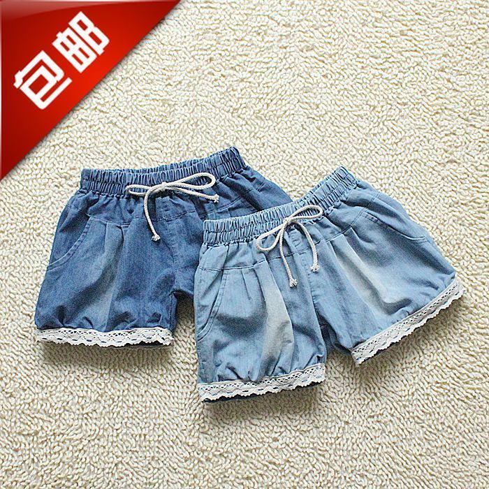 2012 women's summer laciness lace denim short trousers Women elastic waist loose single-shorts knickerbockers