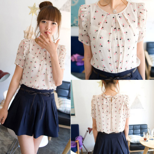 2012 Women's summer sweet korean fashion polka dot  top blouse ruffle sleeve Free shipping W872 Wholesale & Retail