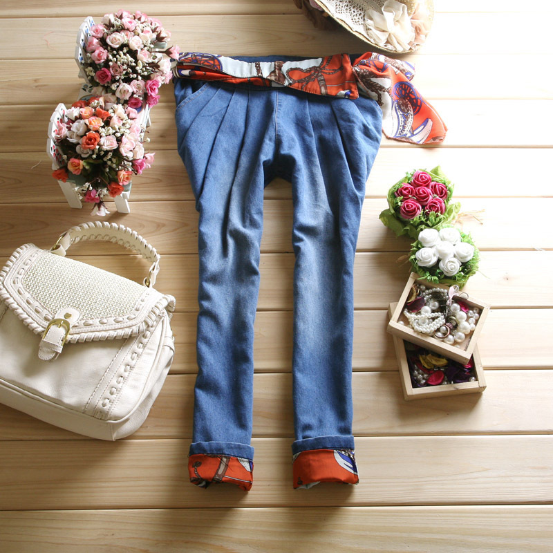 2012 women's summer thin jeans capris denim harem pants chiffon roll-up hem pants