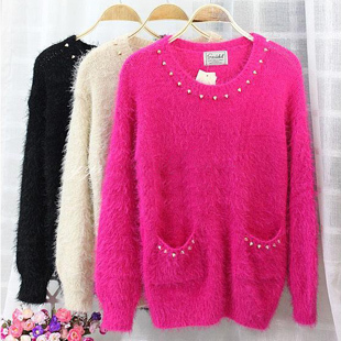 2012 women's sweater large pocket rivet soft loose o-neck long-sleeve sweater female