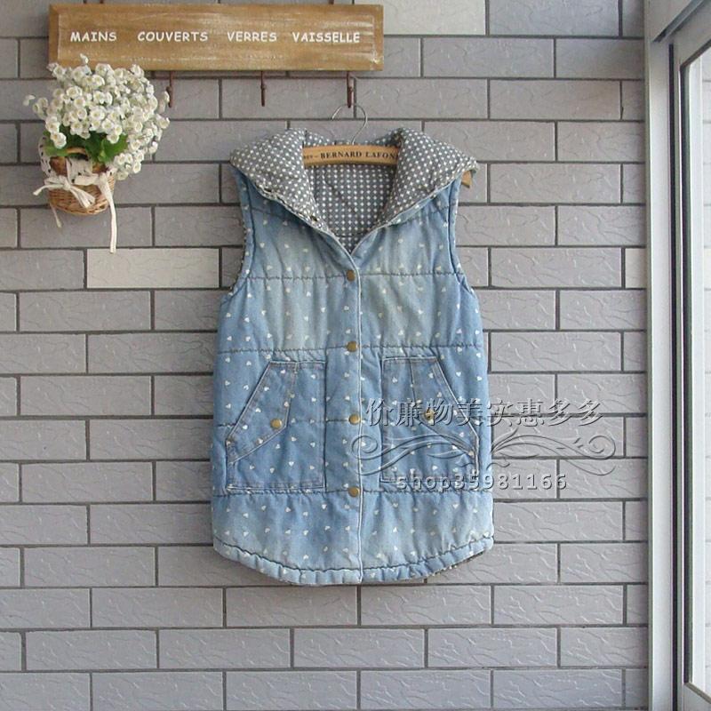 2012 women's thickening thermal with a hood denim vest casual vest type vest outerwear