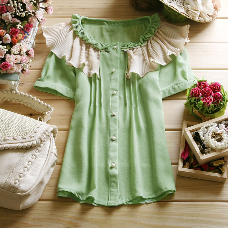 2012 women's transparent sweet lotus leaf laciness short-sleeve o-neck chiffon cardigan peter pan collar top