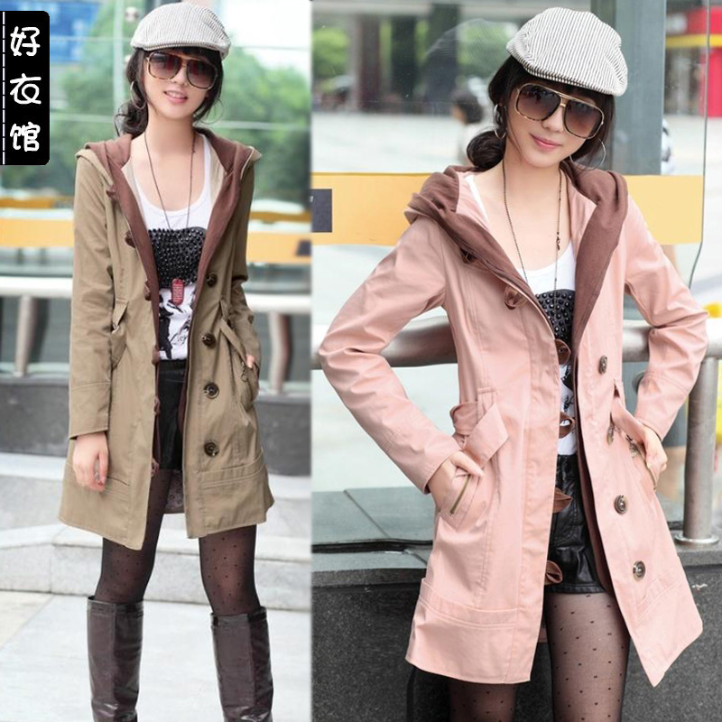 2012 women's trench autumn new arrival fashion single breasted long design slim plus size hooded trench outerwear