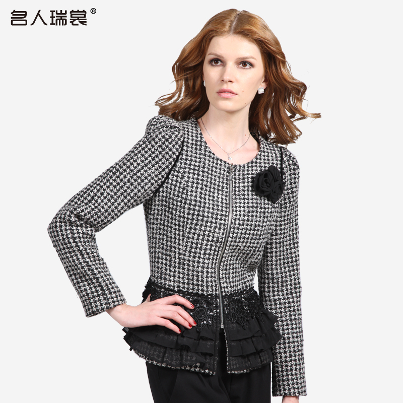 2012 women's tweed fabric puff sleeve slim waist classic wool short jacket outerwear