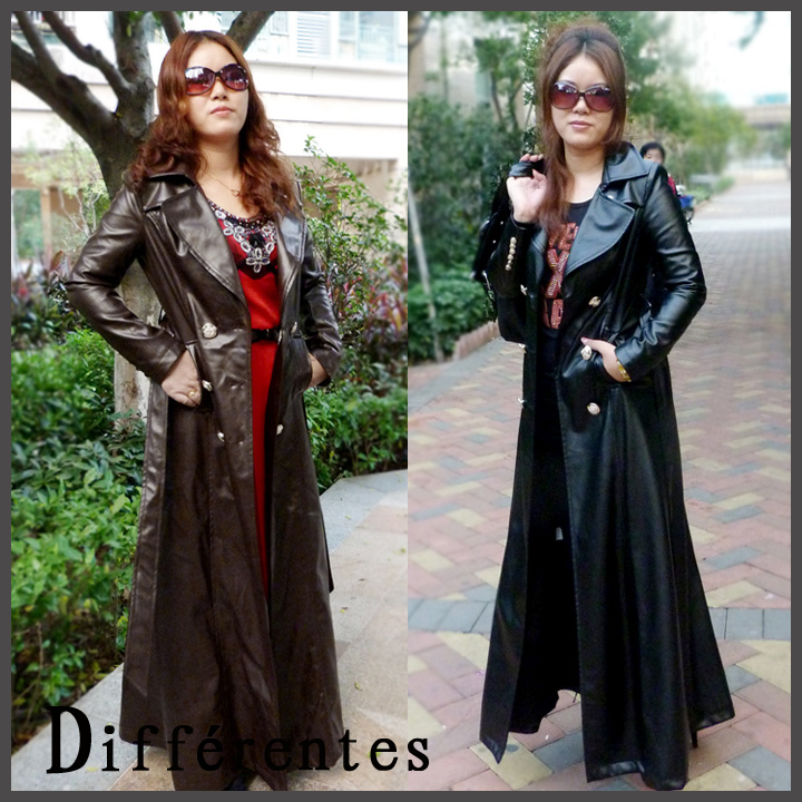 2012 women's ultra long paragraph high artificial leather PU overcoat trench outerwear slim leather clothing