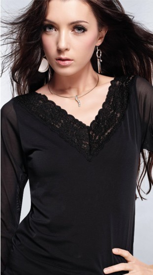 2012 women's V-neck lace slim long-sleeve solid color gauze basic shirt