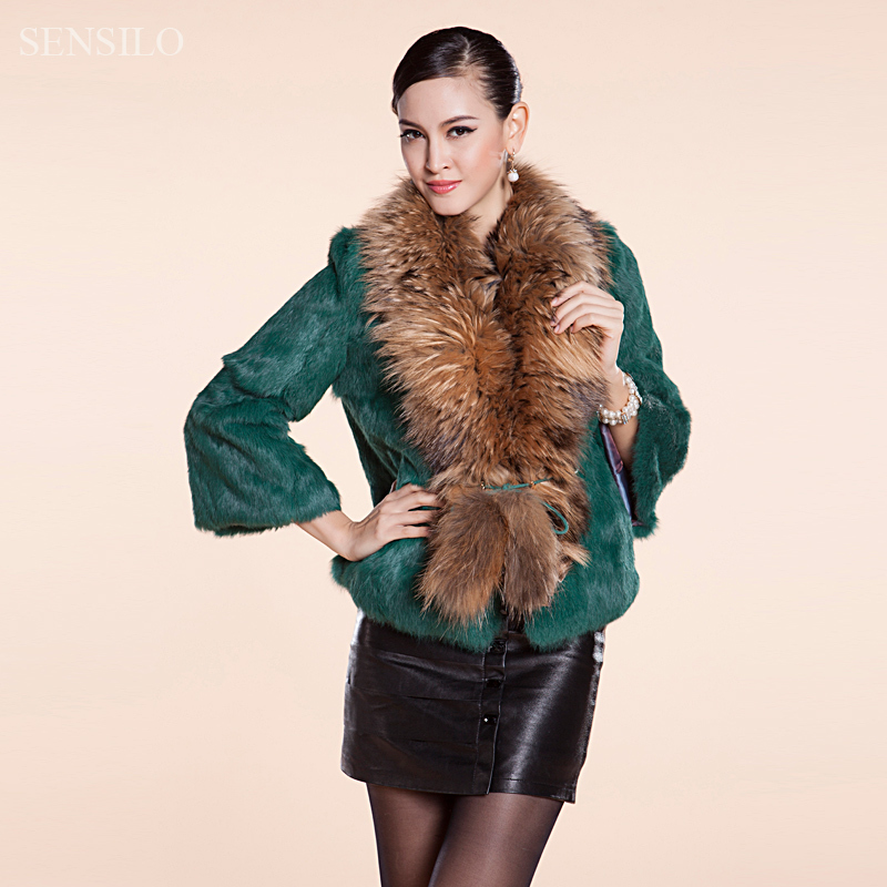 2012 women's very cool big raccoon fur neck genuine rabbit fur coat full piece fur overcoat short design long-sleeve free ship