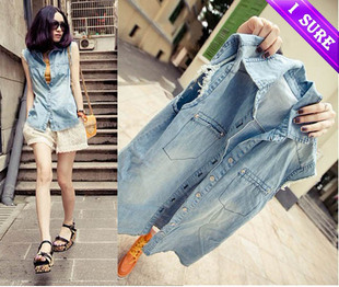 2012 women's vintage buttons sleeveless denim shirt female blue denim outerwear vest