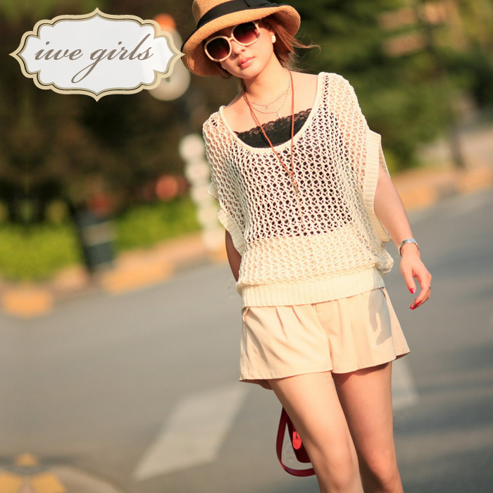 2012 women's vintage mesh wide shoulder cutout short-sleeve sweater