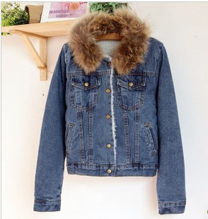 2012 women's vintage thickening fleece fur collar outwear denim wadded jacket outerwear