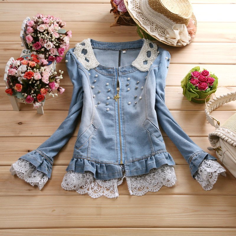 2012  women's water wash pearl water wash denim outerwear women's denim coat top