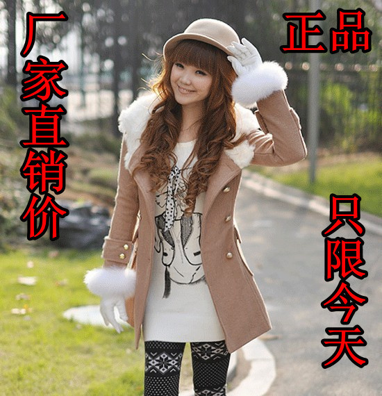 2012 women's white hat double gold buckle slim woolen trench outerwear