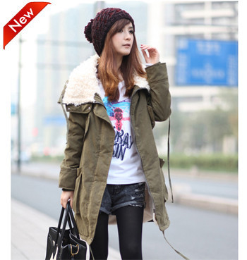 2012  women's winter clothes Army Green large lapel berber fleece thermal wadded jacket 1839