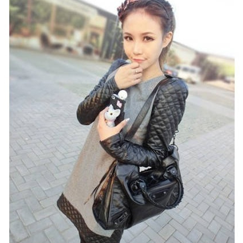 2012 women's woolen patchwork leather shoulder pads small o-neck long-sleeve basic one-piece dress