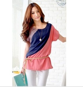 2012 women's xb16 all-match personality color long design top chiffon shirt with belt