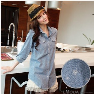 2012 women's xb18 casual five-pointed star print faux denim long-sleeve thickening shirt female