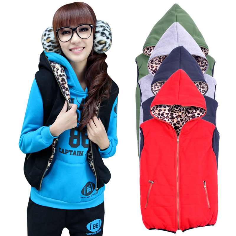 2012 women's zipper with a hood leopard print cotton vest reversible