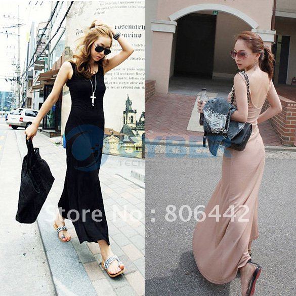 2012 Women Stretch Cotton Maxi Slim Sexy Backless Sundress Long Dress 2 Colors New Free Shipping