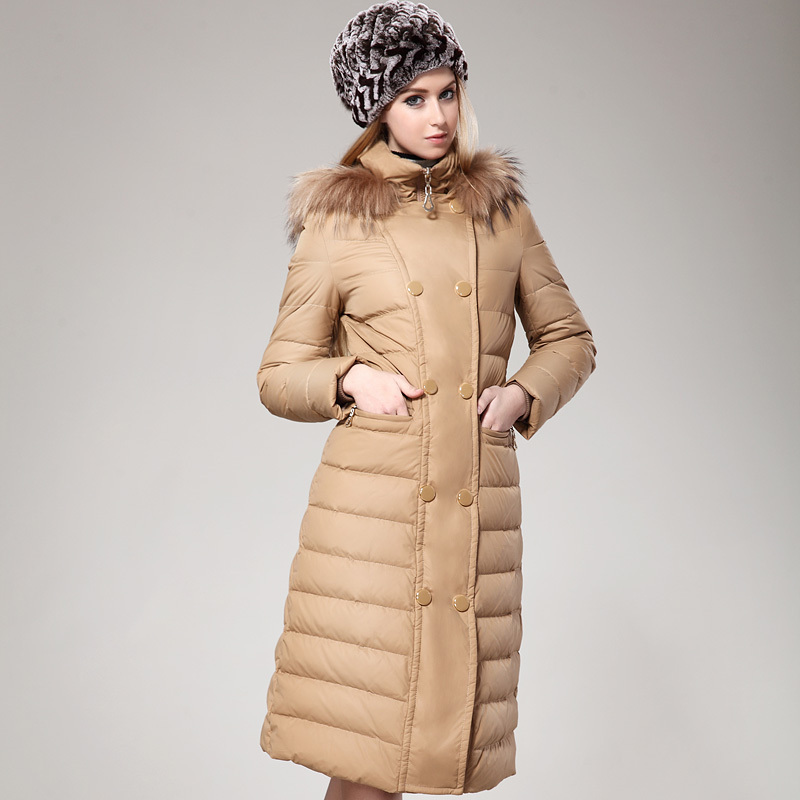 2012 women winter raccoon fur thermal slim ultra long down coat female parkas overcoat hooded