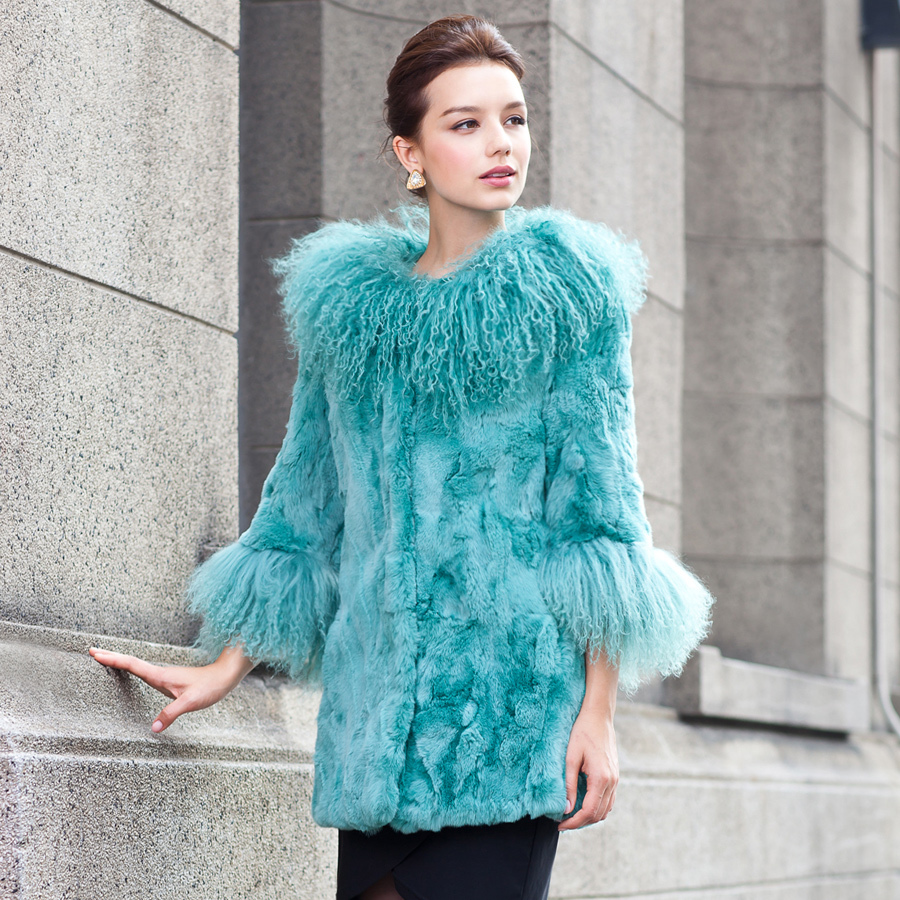 2012 wool collar rex rabbit hair fur coat medium-long small wind overcoat 5883