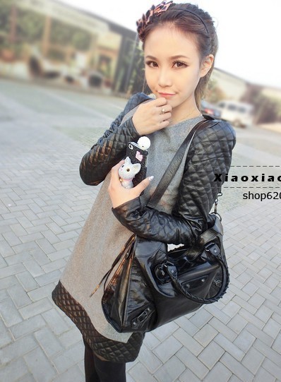 2012 woolen one-piece dress patchwork leather shoulder pads small long-sleeve dress