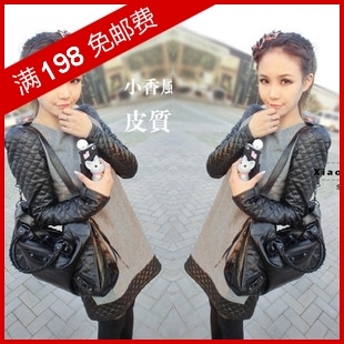 2012 woolen one-piece dress patchwork leather shoulder pads small long-sleeve dress