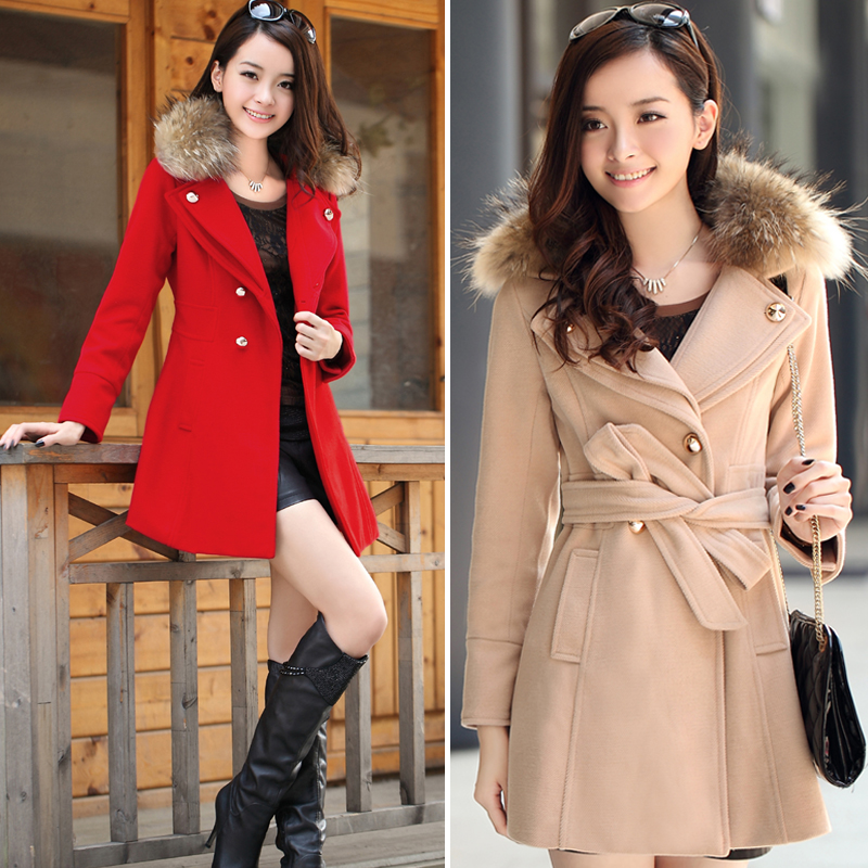 2012 woolen outerwear women's fur collar wool coat slim long-sleeve double breasted trench