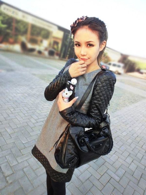 2012 woolen patchwork leather shoulder pads small fashion one-piece dress long-sleeve normic