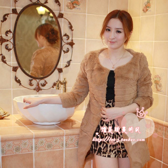 2012 wrist-length sleeve rabbit fur long design fur coat camel fashion