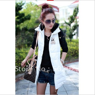 2012 yarn with a hood PU medium-long down cotton vest  fashion coat down jacket veat