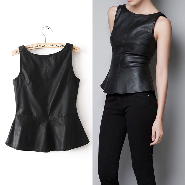 2012 zar faux leather PU ruffle slim decoration vest  Women's tanks