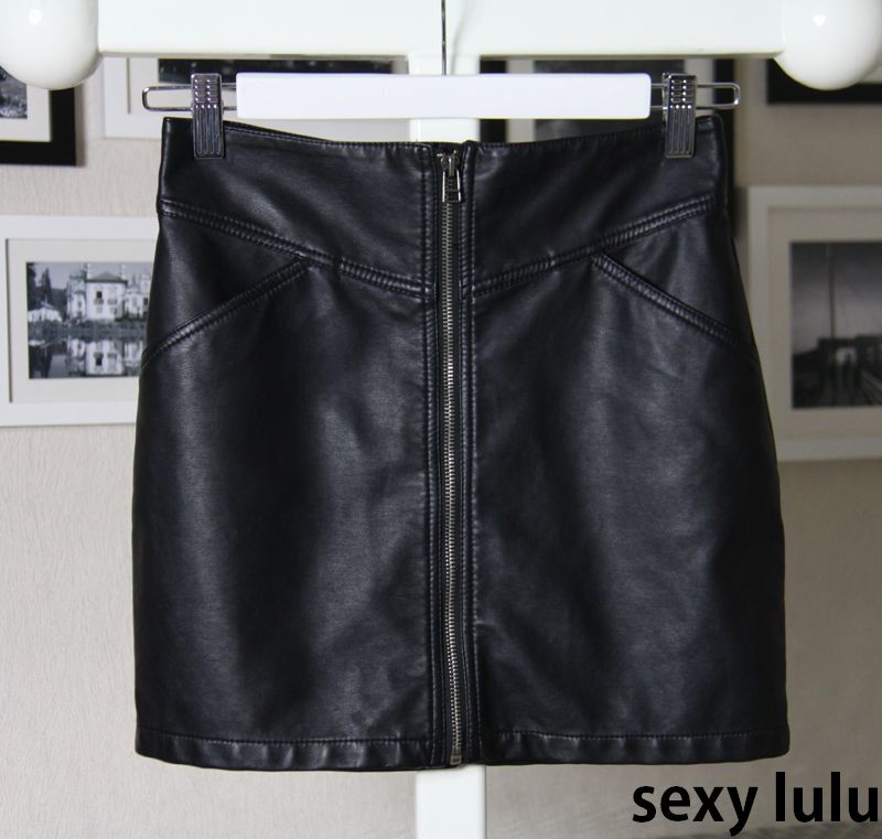 2012 zip low-waist PU water washed leather skirt slim hip black