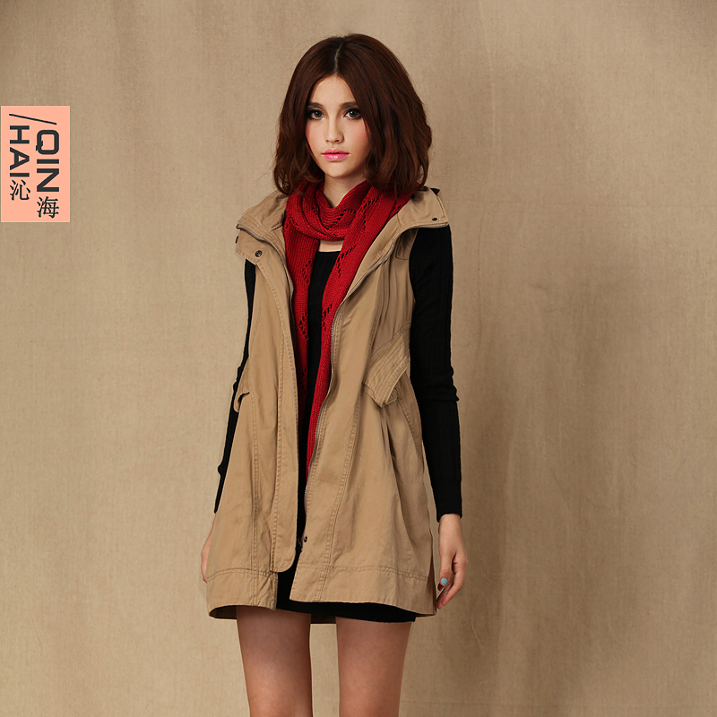 2012 zipper with a hood vest khaki sleeveless slim all-match outerwear fashion women's