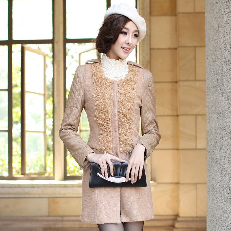 2012l autumn and winter women elegant leather patchwork fashion outerwear overcoat