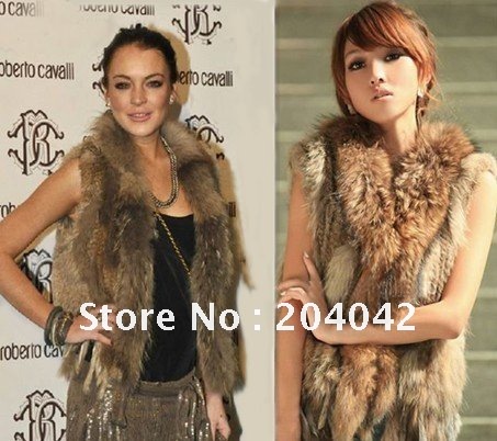 2012NEW 200gram/pc ladies' Knitted Rabbit Fur Vest With Raccoon Dog Fur Collar Gilet/waistcoat/Jacket Retail/wholesale/OEM