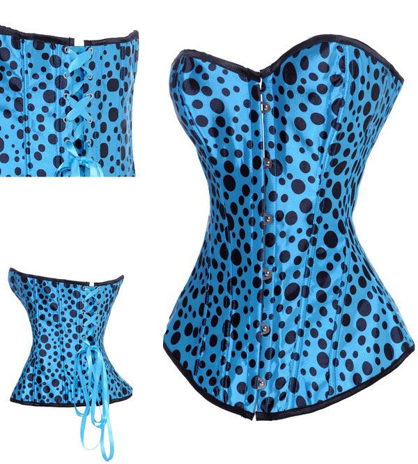 2012New Gothic Corset +Thong, Clubwear Blue Sexy Lingerie With Black Dots, Spicy Bustier