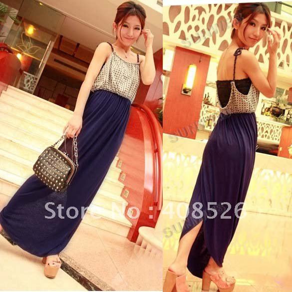 2012Super Sexy Women Open Back Backless Dot Spaghetti Strap Casual Maxi Long Dresses free shipping 3076