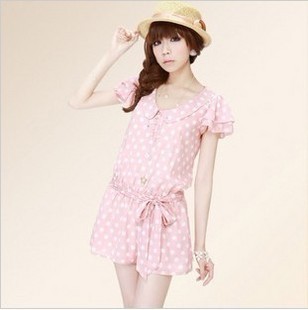 2012vivi1 summer women's polka dot elastic waist belt shorts jumpsuit clothes love888