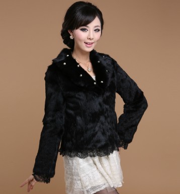 2012winter  faux rabbit  fur coat  for  Women/ lace beading turn-down collar long-sleeve fur wool vest free shipping black