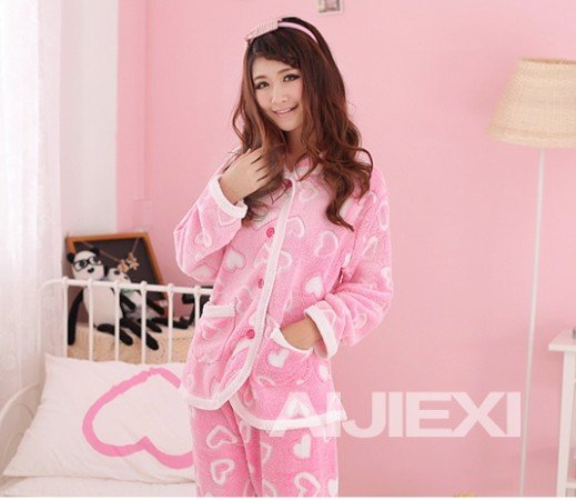 2012Women's long-sleeve sleepwear Cartoon Winter lounge coral fleece Pajama Sets (1coat+1pants)