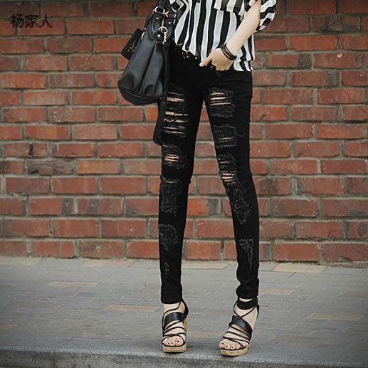 2013 100% cotton personality hole retro finishing pencil pants skinny jeans female boot cut jeans