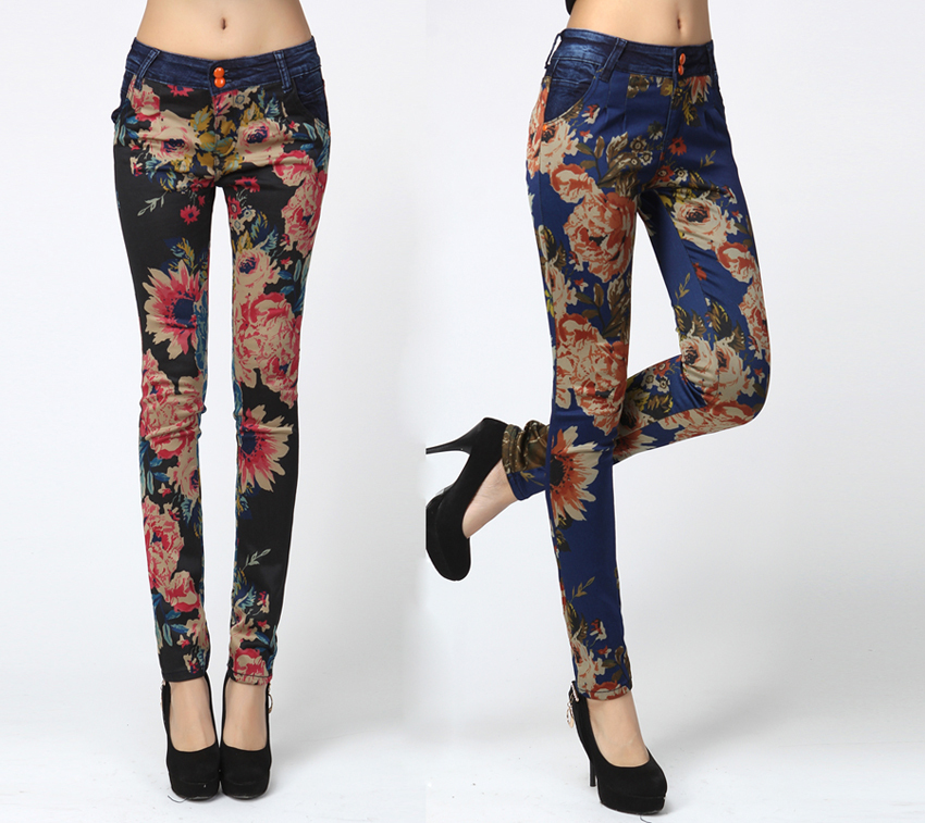 2013.124 . new arrival print elastic pencil pants mid waist trousers female flower trousers