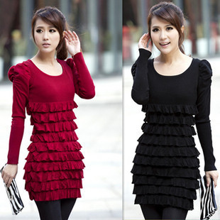 2013 2012 o-neck slim puff sleeve cascading layered dress sweater dress basic shirt one-piece dress