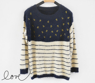 2013 2012 women's navy style loose anchor plush stripe female o-neck pullover sweater