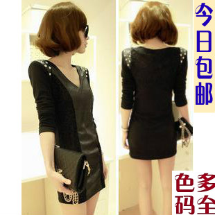 2013 2013 spring and autumn lace patchwork slim sexy slim hip leather skirt long-sleeve spring one-piece dress