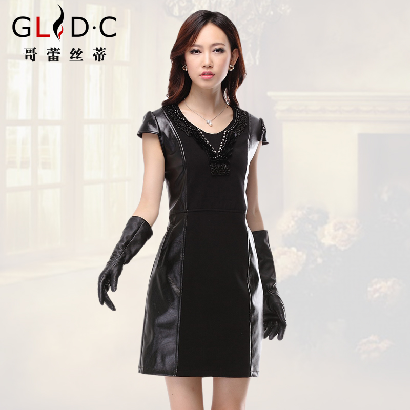 2013 2013 spring handmade beading patchwork short-sleeve slim waist slim leather one-piece dress basic slim hip leather skirt